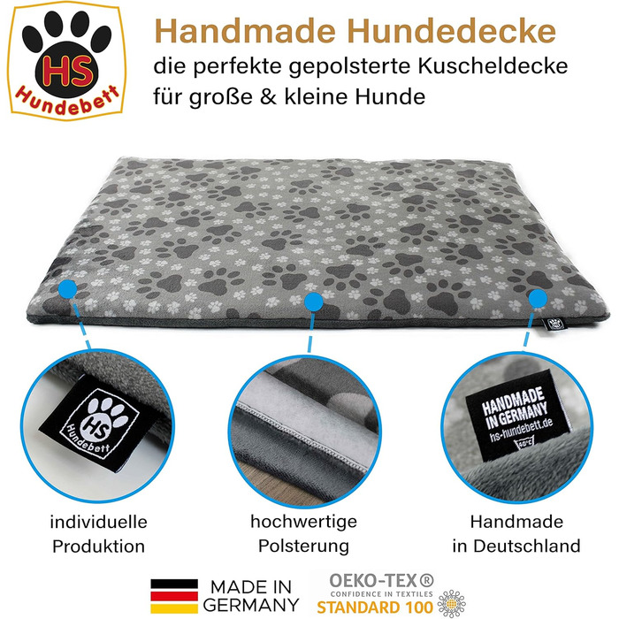 Лежак-мат для собак HS-Hundebett XS 45x65 см, двосторонній, з наповнювачем 3 см, сірий з лапкою, для дивана, авто і переноски, вироблено в Німеччині
