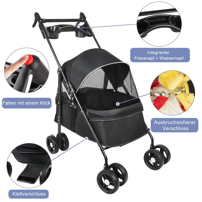 Складаний візок для домашніх тварин Homewell: для собак та котів, до 20 кг, з тримачем для напоїв та ременем безпеки