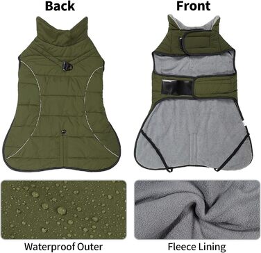 Водонепроникний теплий зимовий одяг для собак Heywean: куртка, жилетка, пуловер з флісу, з D-кільцем, світловідбиваючими елементами, з застібкою-липучкою, для малих, середніх та великих собак, зелений