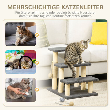 PawHut 3 сходинки Cat Stairs 48H см Сходи для домашніх тварин з тедді тканиною для маленьких кішок сірого кольору, ідеально підходять для людей похилого віку та дрібних порід