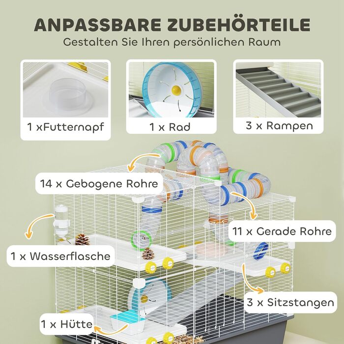 Клітка для хом'яків PawHut 4-ярусна з аксесуарами: колесо, годівниця, тунель, хатинка. Розмір 78x45x73 см, сіра