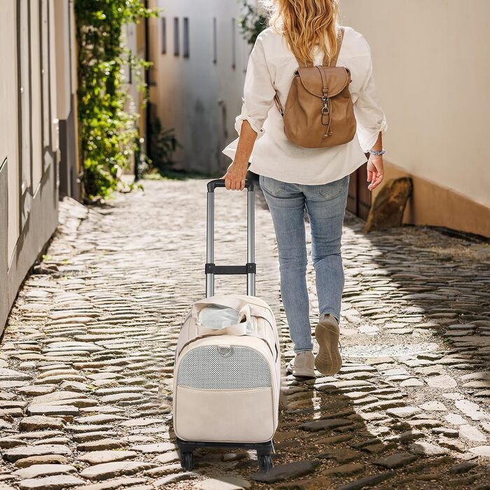 Сумка-переноска для тварин з екошкіри на колесах, для собак та котів до 6,8 кг, дозволена для перевезення в літаку, для подорожей, кемпінгу (Білий/Опудаловий сад)