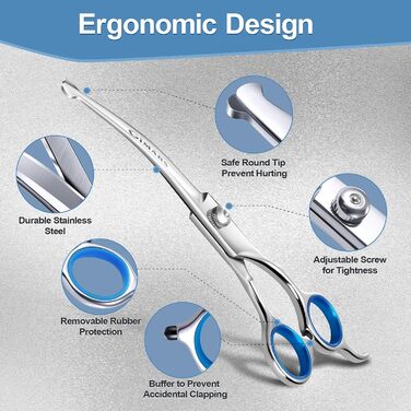 Набір професійних ножиць для грумінгу собак Gimars, 4CR, з безпечними закругленими кінцями, титанове покриття, 6-в-1 (чорний/блакитний)