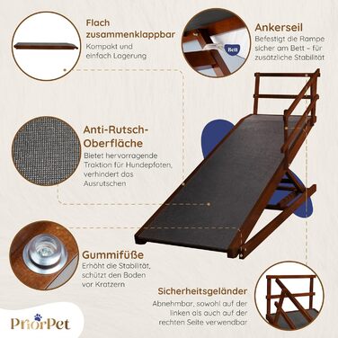 Східці для собак до ліжка з поручнями - для великих собак до 90 кг - регульована висота до 94.5 см - ширина 49,5 см - складані - антиковзні ручки - береза - натуральний колір (волоський горіх)