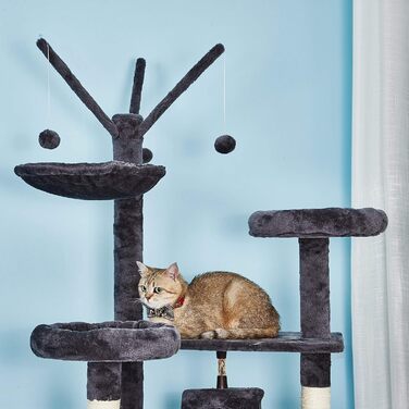 Котячий дім Meerveil XXL 210 см, стійкий когтеточка для великих котів, товста основа, 2 будиночки, сірий, високоякісний сизаль