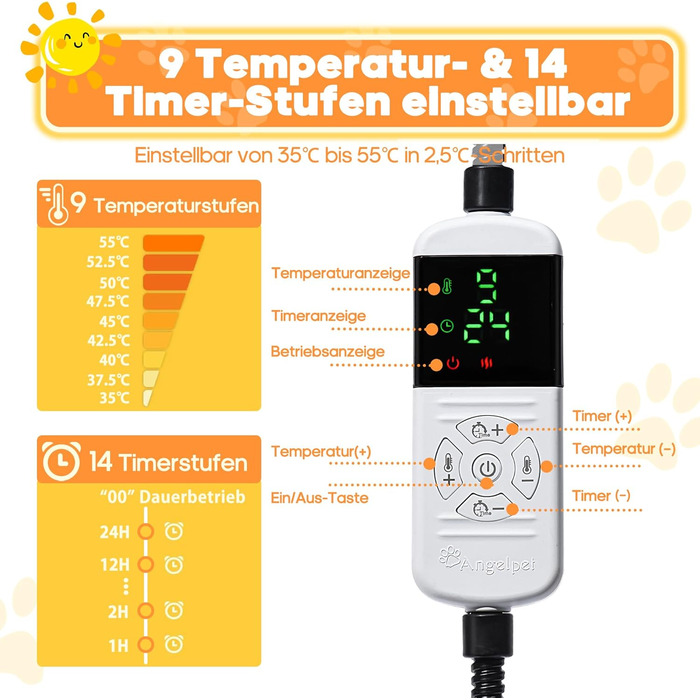 Електричний килимок для тварин 45x70 см - нагрівальний килимок для собак та котів з 9 температурними режимами (35–55℃) та таймером, бісостійкий кабель 1.8 м, 2 знімні чохли