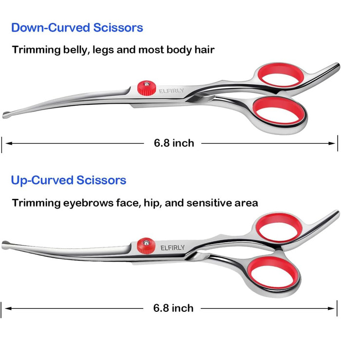 Набір професійних ножиць для грумінгу собак Elfirly: нержавіюча сталь, заокруглені кінчики, ножиці для розрідження, вигнуті ножиці, набір для стрижки шерсті тварин з триммером для нігтів (червоний)