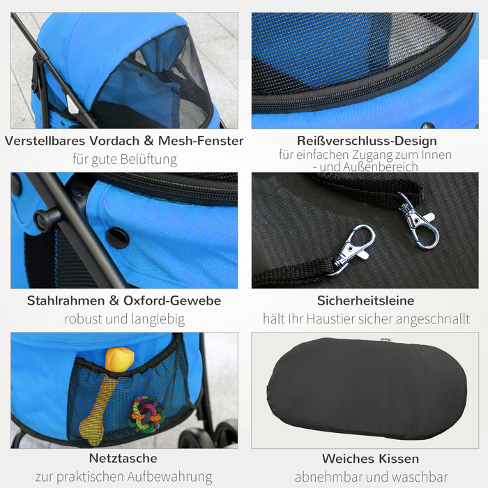 PawHut Dog Buggy Cart Dog Foldable з сітчастим вікном для маленьких собак і кішок, 2 захисних повідця, оксфордський матеріал синього кольору