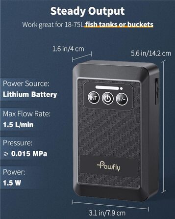 Pawfly Акумуляторний повітряний насос для акваріума 1.5W, USB, тиха портативна аераторна помпа для риб, 20-75 л, для риболовлі та аварійного живлення