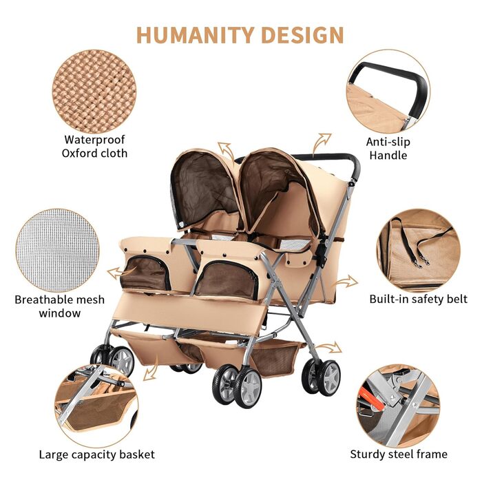 Візок для собак Joyfultails, двомісний візок для домашніх тварин та дітей, складаний візок для 2 собак та котів, двомісний візок-переноска, візок для прогулянок з двома собаками, візок для тварин для подорожей зі зберіганням, бежевий
