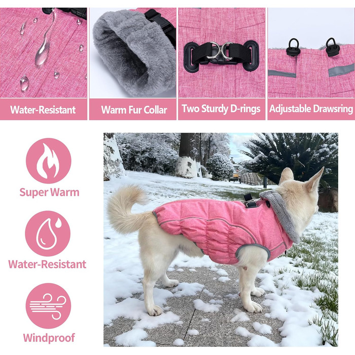 Водонепроникний та вітронепроникний теплий зимовий накид для собак, розмір M (рожевий, XL), з інтегрованою шлейкою, для цуценят та маленьких/великих собак