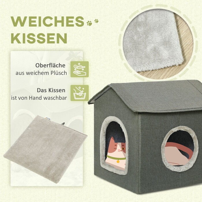 PawHut Cat Cave House у формі з подушкою, яку можна мити, затишна печера для обіймів для котів з двома дверима, 39 x 43.5 x 40.5 см, сірий