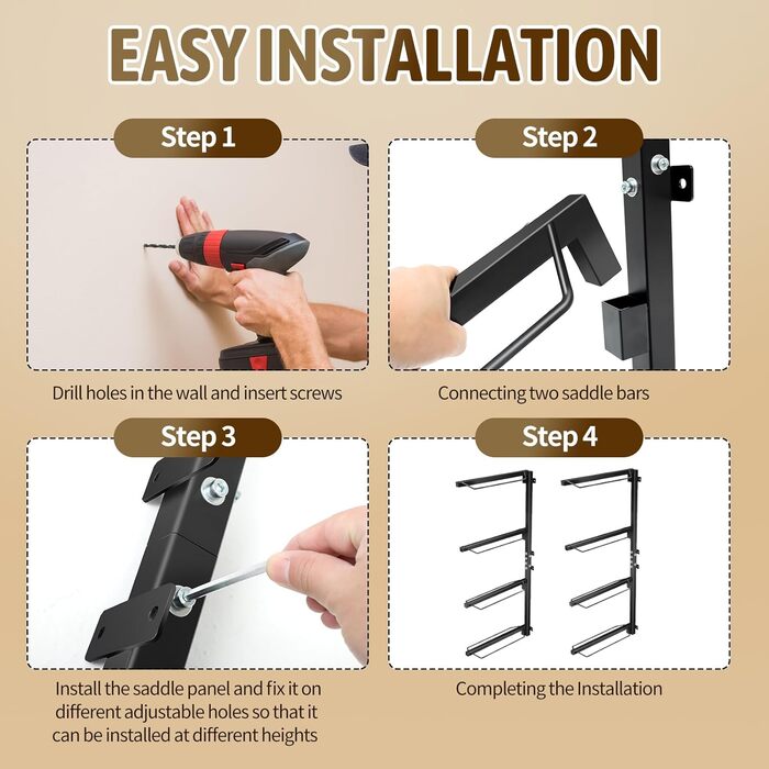 Стійка для сідел TOPTGO з 4 рівнями, настінна, для зберігання західних та англійських сідел – міцна сталева стійка, витримує до 136 кг, для збруї, підкладки, аксесуарів тощо