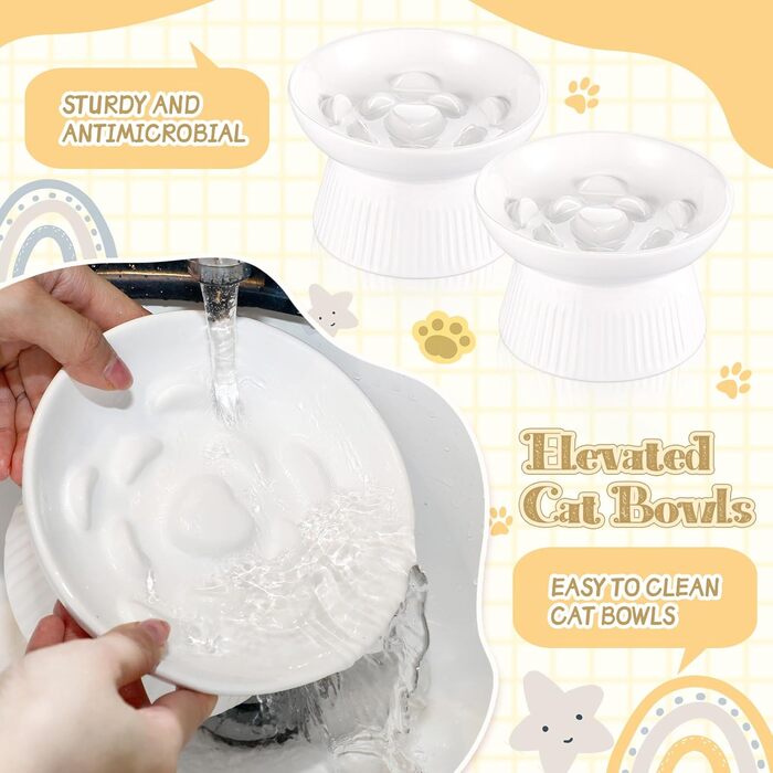 Підвищені миски для котів Layhit з кераміки, проти блювоти, повільне годування, для сухого та вологого корму, кошенята, для дому, 2 шт (Білий/розкішний сад)