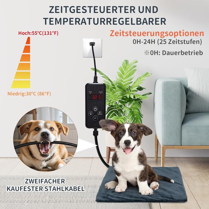 Нагрівальний килимок для тварин NAMOTEK з регулюванням температури та таймером, вологостійкий, з безпечним нагріванням, автоматичне вимкнення, 40x30 см, сірий