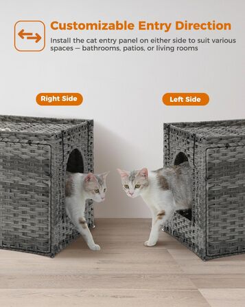 MUTTROS туалет для котів з ротанга, прихований туалет для котів, меблі з ручної плетіння, з високою дверцятами та піднятим бортиком, котячий будиночок-шафка для великих котів, для дому, вітальні, сірий