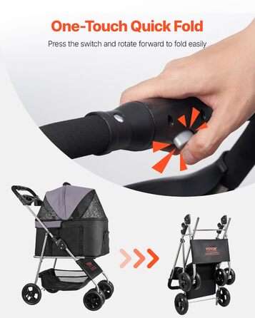 Візок для собак VEVOR 81x46x97 см, вантажопідйомність 16,9 кг, складний, знімний кошик та сітчасті вікна, гальмо, для маленьких та середніх собак