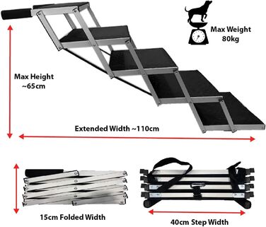 Складні сходи для собак з алюмінію, 5 сходин, вантажопідйомність 80 кг, антиковзне покриття, для автомобілів та SUV, чорний колір