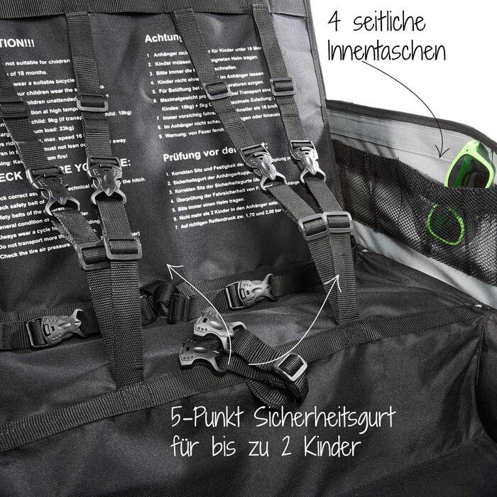 Дитячий велопричіп Fischer Komfort з підвіскою, сертифікований TüV/GS, зелений/антрацитовий, для 2 дітей
