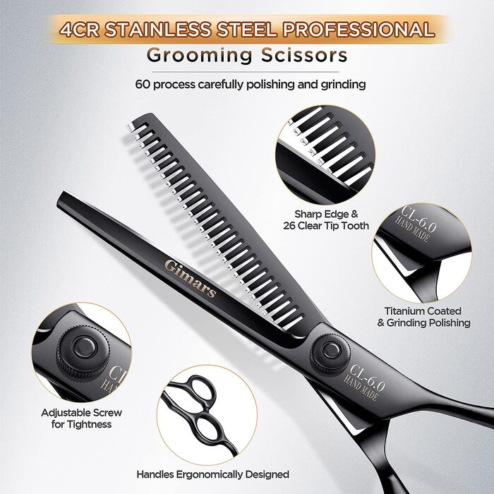 Набір професійних ножиць для грумінгу собак та котів Gimars 4CR (6-в-1) з безпечними закругленими кінцями, включає прямі, філірувальні та вигнуті ножиці та гребінець