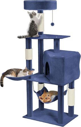 Кігтеточка-комплекс YRHome Katzenbaum (133.5 см) з платформами, гамаком та ігровим будиночком (блакитно-сірий)