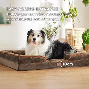 Ортопедичне ліжко для собак BEDSURE - 122x89 см. М'яке ліжко-софа для великих собак з ефектною формою, зручне та миється, нековзне, коричневе. Розміри: 122 x 89 x 20 см.