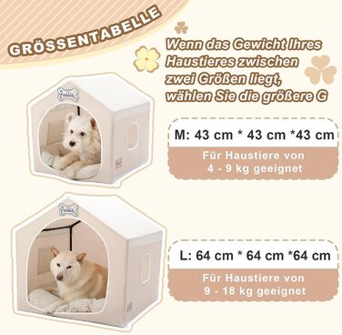 Будка для собак Jiupety, внутрішня, розкладна, для собак 4-9 кг, розмір M, 43x43x43 см, бежева