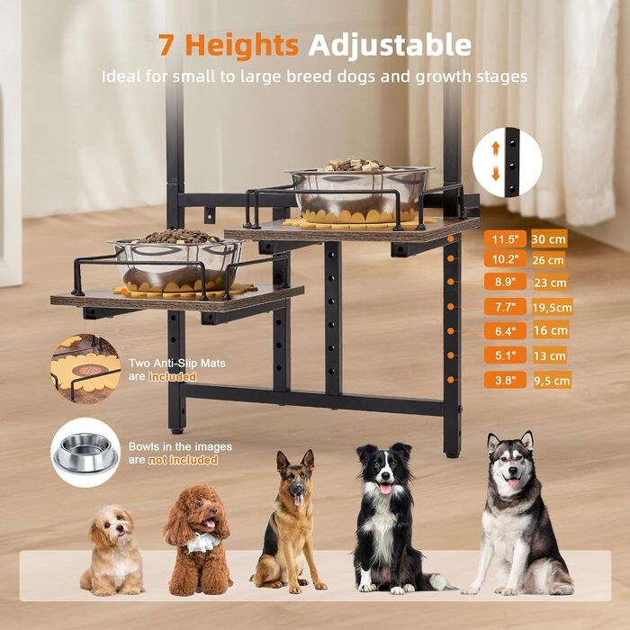 Підвищена годівниця для собак LitaiL з місцем для зберігання та двома антиковзними килимками, для великих собак, регульована висота, кріплення на стіну, колір вінтажний коричневий