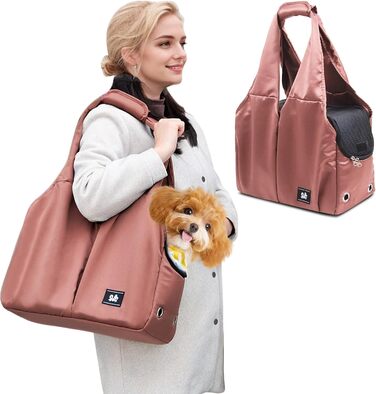 PETCUTE Сумка-переноска для собак та котів, дихаюча, з килимком, плечова сумка з безпечним шнуром та кишенями, для маленьких та середніх собак, цуценят та котів, Карамель