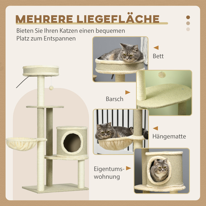 PawHut Котяче дерево для 1-2 котів 124H см Котяче дерево з 2 лежачими поверхнями Кошик для гри в м'яч Лазіння по вежі для кішок