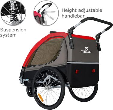 Причіп для дитячої коляски Tiggo S2 з підвіскою, 2-в-1, для бігу та велосипеда, поворотний на 360°, червоний