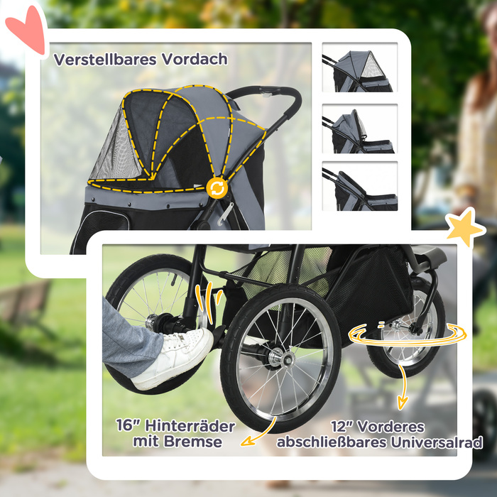 PawHut Dog Buggy Cat Buggy складний зі світловідбивачами, кошиком для зберігання, захистом від сонця та сітчастим вікном, Оксфорд сірий