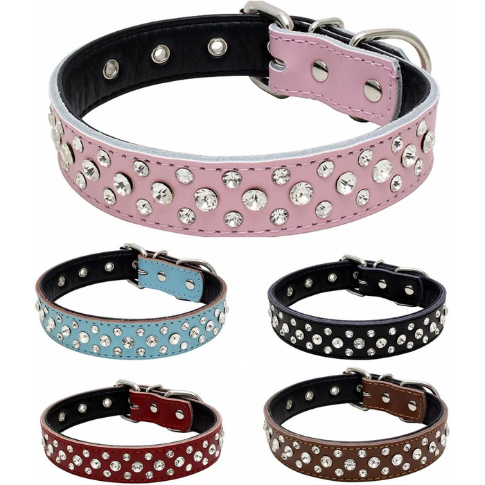 Нашийник для собак Haoyueer з блискітками, регульований, з кристалами, з натуральної шкіри, для собак малих та середніх порід (L, Чорний)