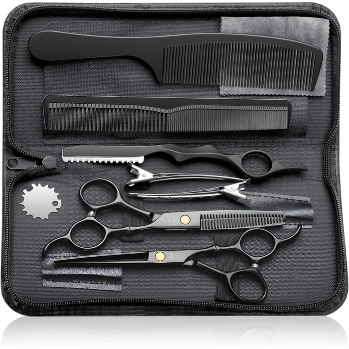 Набір професійних перукарських ножиць PURPLEBIRD: 10 шт. (чорний). Ножиці для стрижки та фінальної обробки волосся з нержавіючої сталі. Ідеально для перукарів, барберів та початківців.