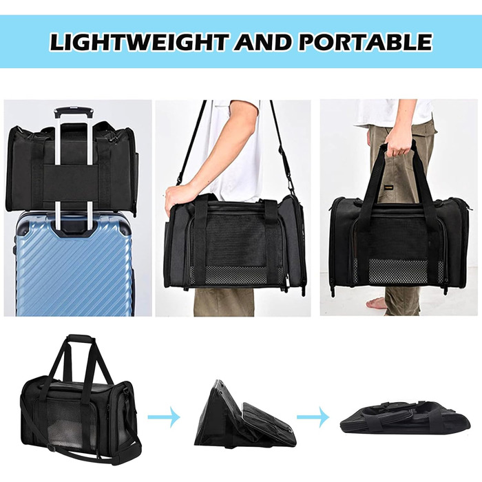 Транспортна переноска для кота та собаки BYZESTY, складана, 42 x 27 x 28 см, з мискою, чорна