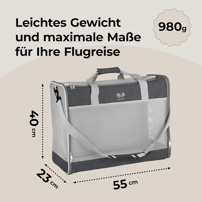 Сумка-переноска для собак та котів Equicani® 55x40x23 см, сіра | Легка, складна, з сіткою та зручним ременем