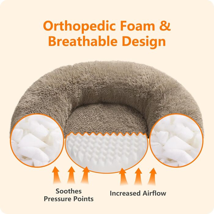 Ортопедичне ліжко для собак, круглий лежак, софа для собак та котів, донат, м'який кошик для собак, прання, 100 см Ø, верблюжий колір, L 100 x W 100 x H 20 см, верблюжий колір
