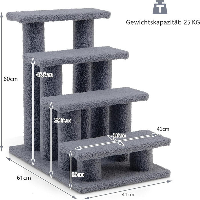 Сходи для котів і собак COSTWAY, 4 ступені, дерев'яні, до 25 кг, 61x41x60 см, сіра, для домашніх тварин