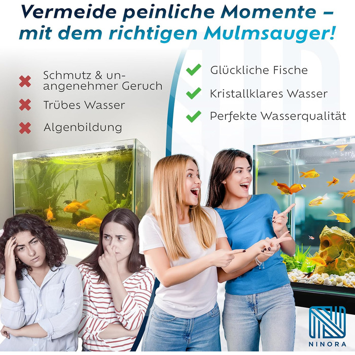 Нінора® Мульмсмукач для акваріума – очищувач ґрунту, заміна води з насосом та шланговим клапаном | Безпечний для риб, без хімії | Для малих та великих акваріумів | Аксесуари для акваріума з електронною книгою