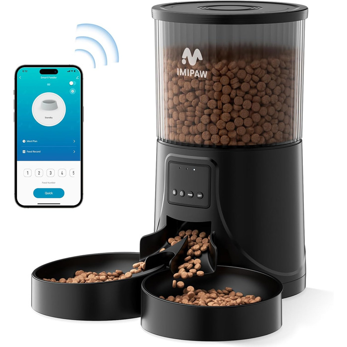 Автоматична годівниця для котів і собак IMIPAW 4L з WiFi 2.4G, керування через додаток, програмований диспенсер сухого корму, для 2 тварин, 1-10 прийомів їжі на день, із вологопоглиначем