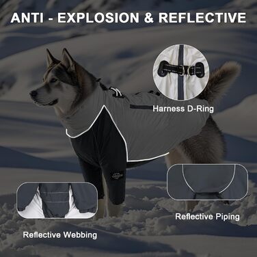 Водонепроникний та вітронепроникний теплий зимовий одяг для собак середніх та великих порід. Куртка для собак, спортивна жилетка для собак, теплий костюм для собак з кріпленням для шлейки та кишенею. Підходить для прогулянок, походів та подорожей. Сірий к