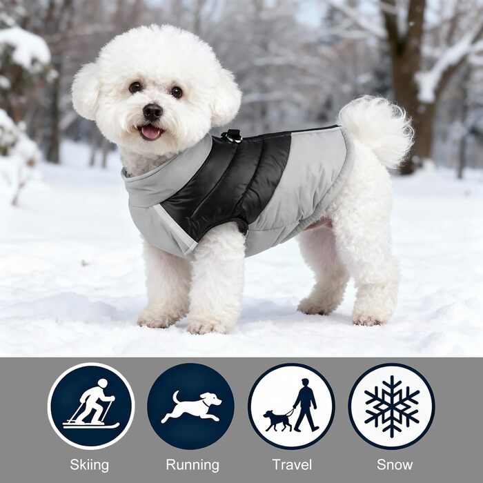 Зимова куртка для собак маленьких та середніх порід, тепла та вітронепроникна, з подвійним D-подібним кільцем, для катання на лижах, на відкритому повітрі (сіра, XL)