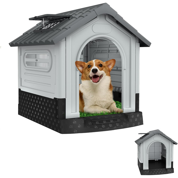 Будка для собак Aufun, сіра, 65x56.5x67 см, пластик, водонепроникна, ізольована, з вентиляцією та піднятим дном