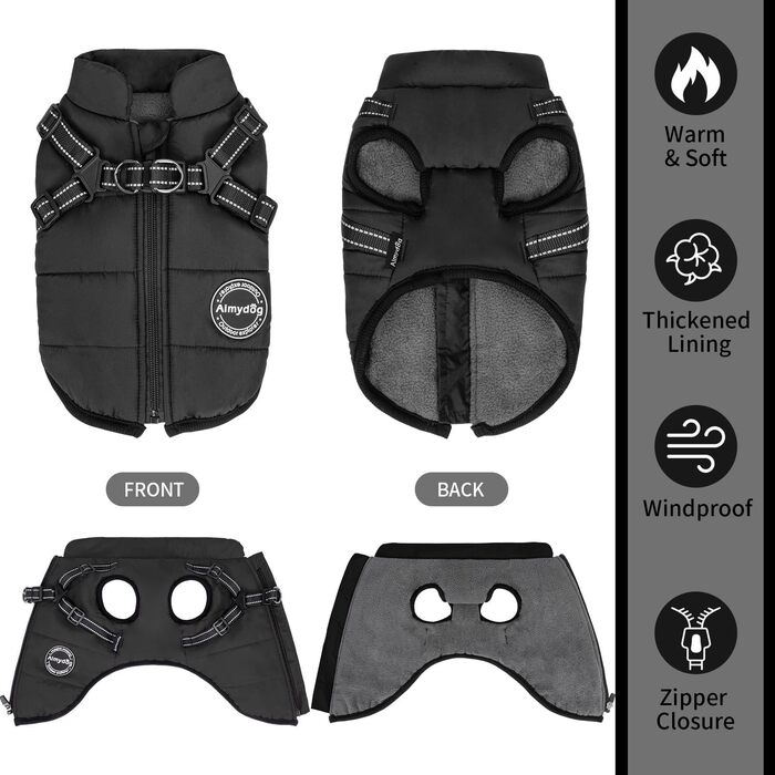 Зимовий одяг для собак, тепла куртка з нагрудником, вітронепроникна жилетка з підкладкою з флісу для маленьких собак (Чорний, M)