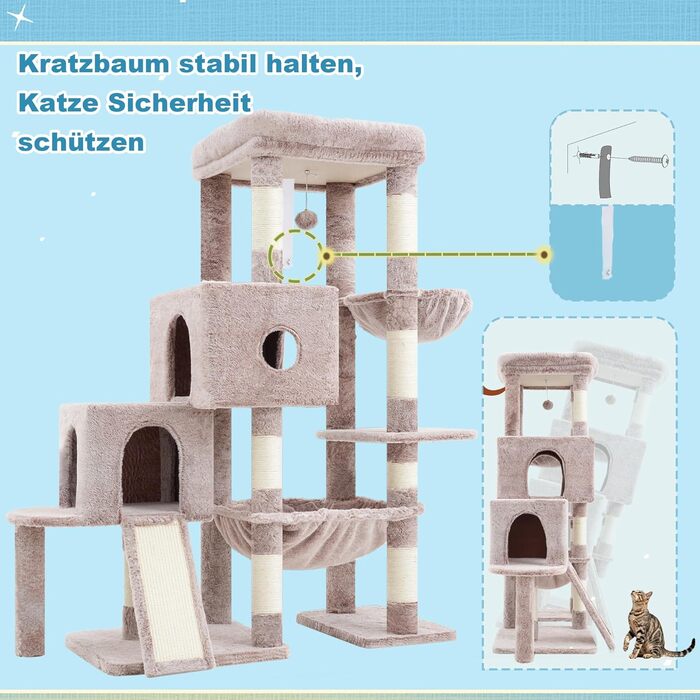 Котячий будиночок Hey-brother Kratzbaum з великими платформами для великих котів, 127 см, з драбиною, 2 печери, гамак, сизаль, кошик, MPJ071W (пісочний)