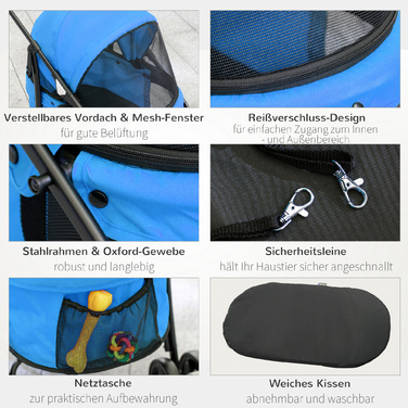 PawHut Dog Buggy Cart Dog Foldable з сітчастим вікном для маленьких собак і кішок, 2 захисних повідця, оксфордський матеріал синього кольору