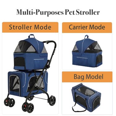 Дитяча коляска для собак 4-в-1, блакитна: для малих/середніх собак, з сумкою-переноскою, для 2 собак/кішок