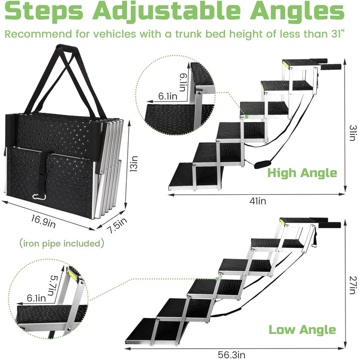 Сходинки для собак Robuster з 6-шарового алюмінію з тканини 1680D PVC – протиковзкі, легкі та портативні – ідеально підходять для авто, SUV, вантажівок – Чорний (106 x 80 x 43 см)