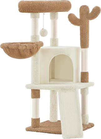 Дряпак для котів Yaheetech Kaktus, 106.5 см: стабільний, з оглядовою платформою та затишною печерею, оббитий сизалем, бежево-коричневий