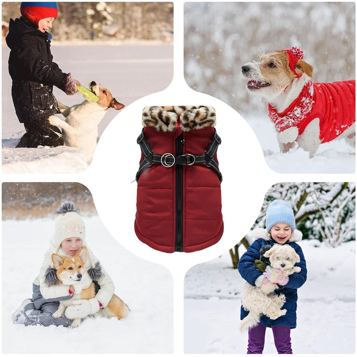 Теплий зимовий одяг для собак: відбиваючий зимовий одяг для цуценят, жилет для собак з вбудованим шлейкою, для маленьких, середніх та великих собак, бургундський колір S